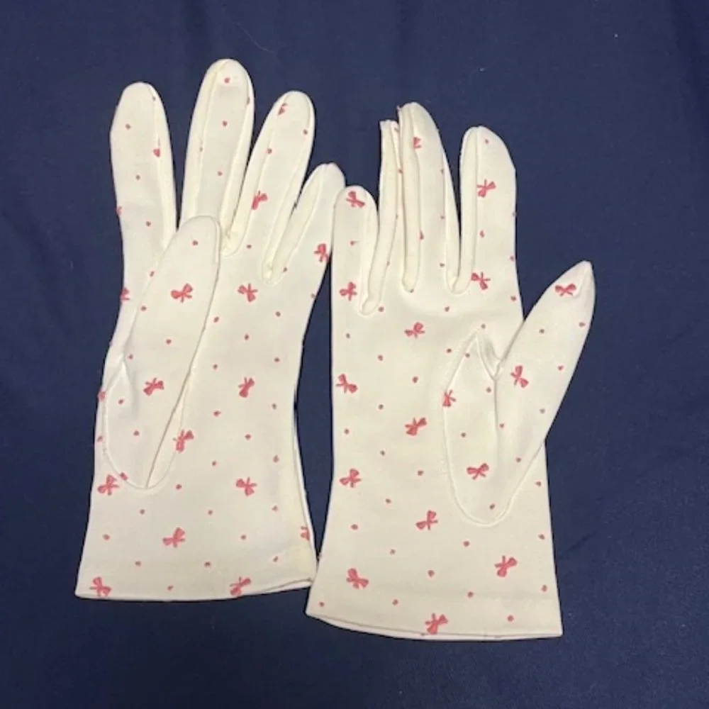VTG Dressy White w/Pink Embroidered Ribbons Wristlet Gloves Petite Size 6